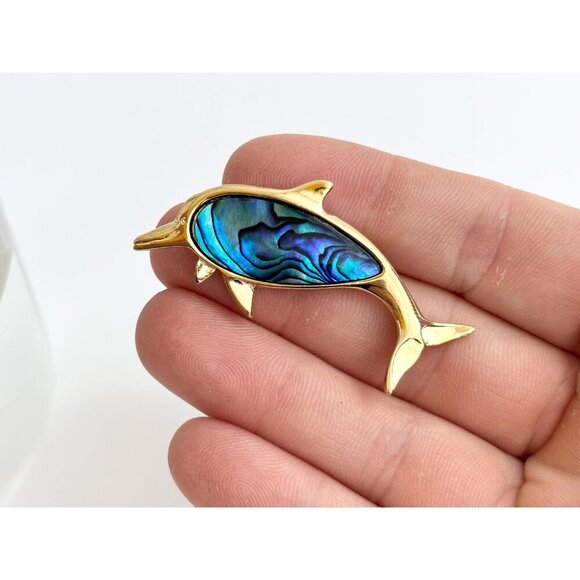 Dolphin Figural Faux Blue Abalone Gold Toned 90's Vintage Lapel Brooch Pin - Picture 4 of 10